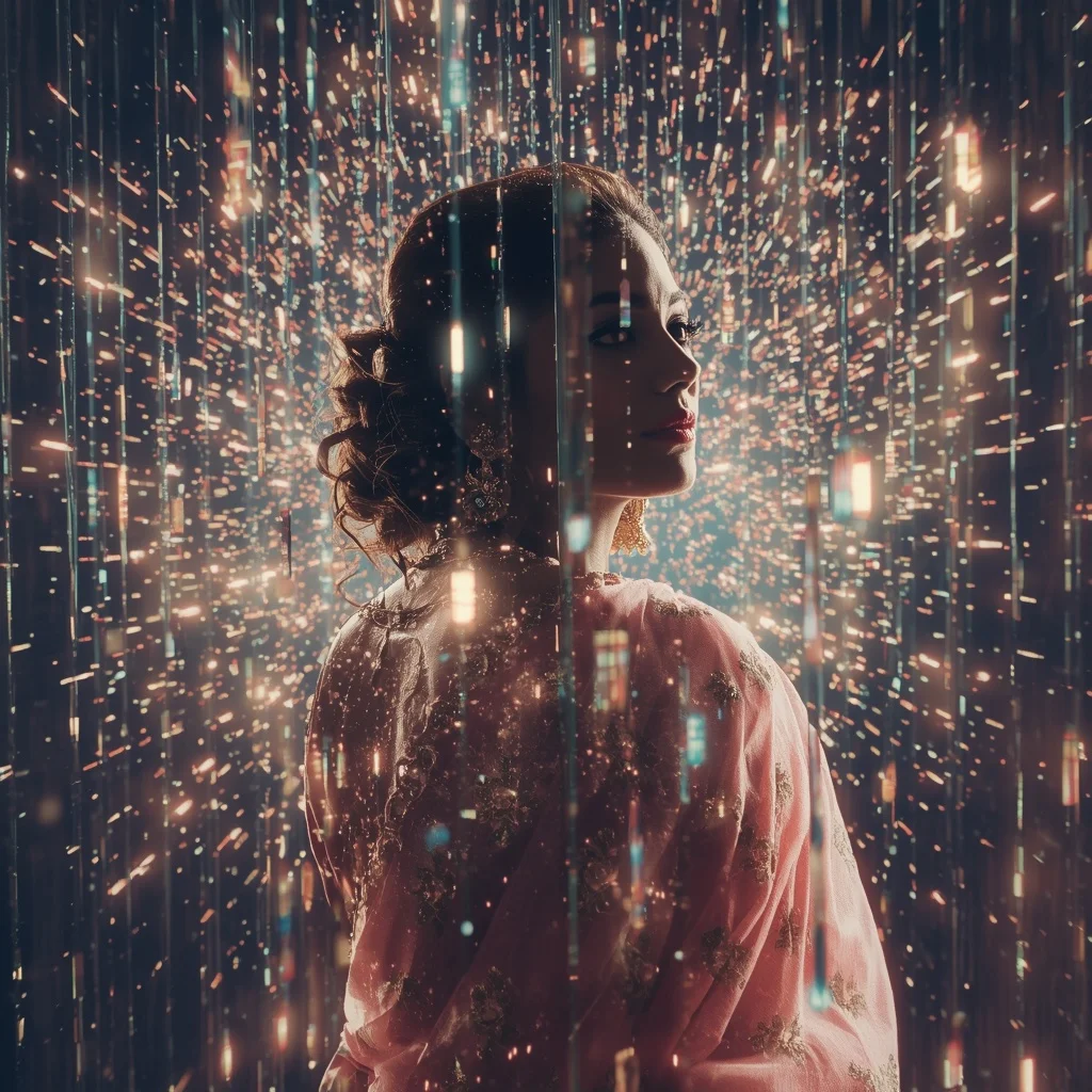 Festive Pastel Saree Prism Reflection Fantasy Cosmos Collage Luxury Cinematic | Prompt For Girl Photo Editing