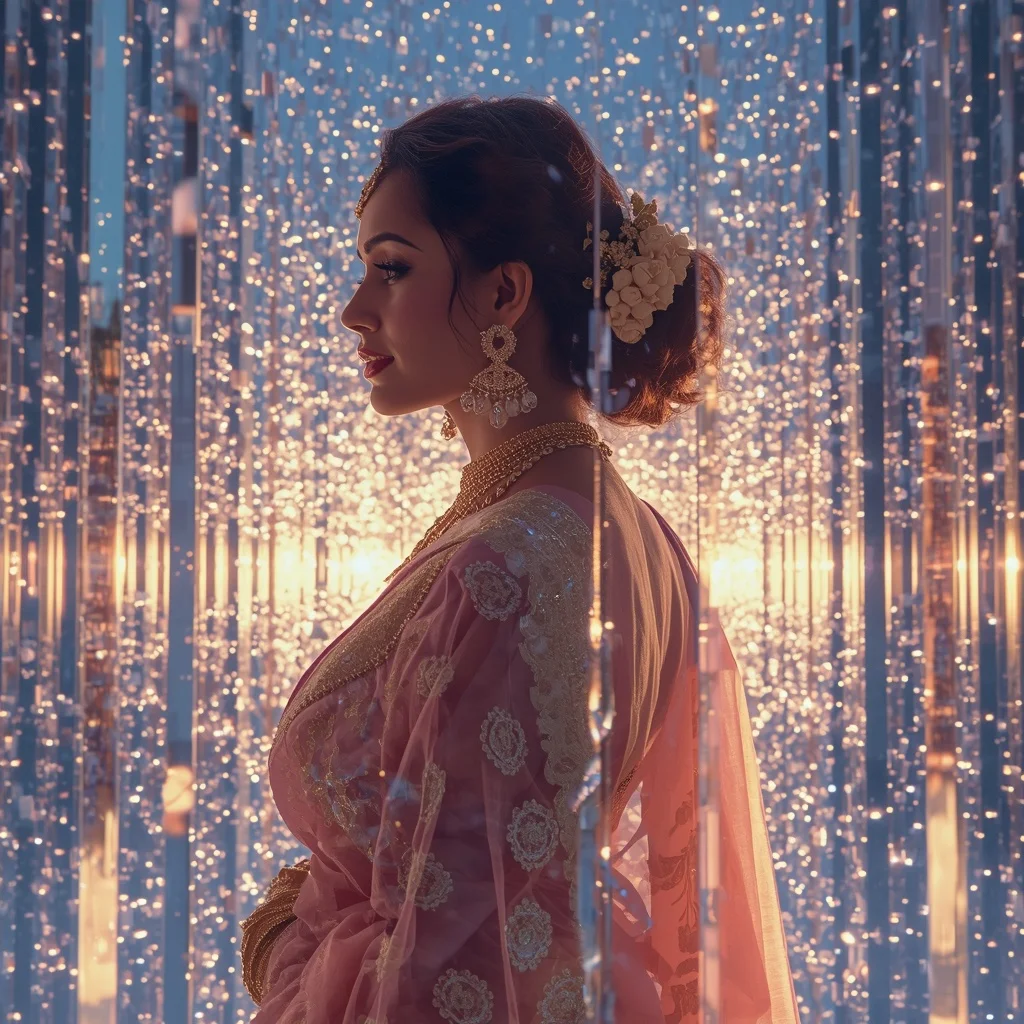 Festive Pastel Saree Prism Reflection Paradise Cosmos Collage Luxury Cinematic | Woman Pose Ai Prompt