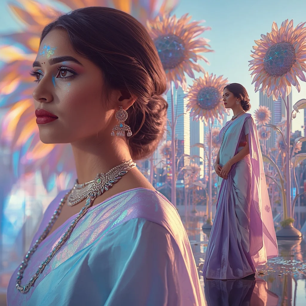 Festive Pastel Saree Prism Sunflower Megacity Collage | Female Model Ai Prompt