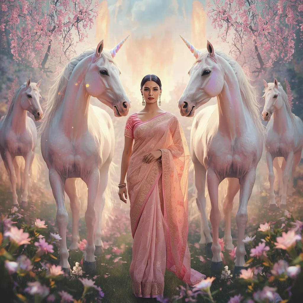Festive Pastel Saree Prism Unicorn Celestial Garden Collage Premium | Fantasy Ai Prompt