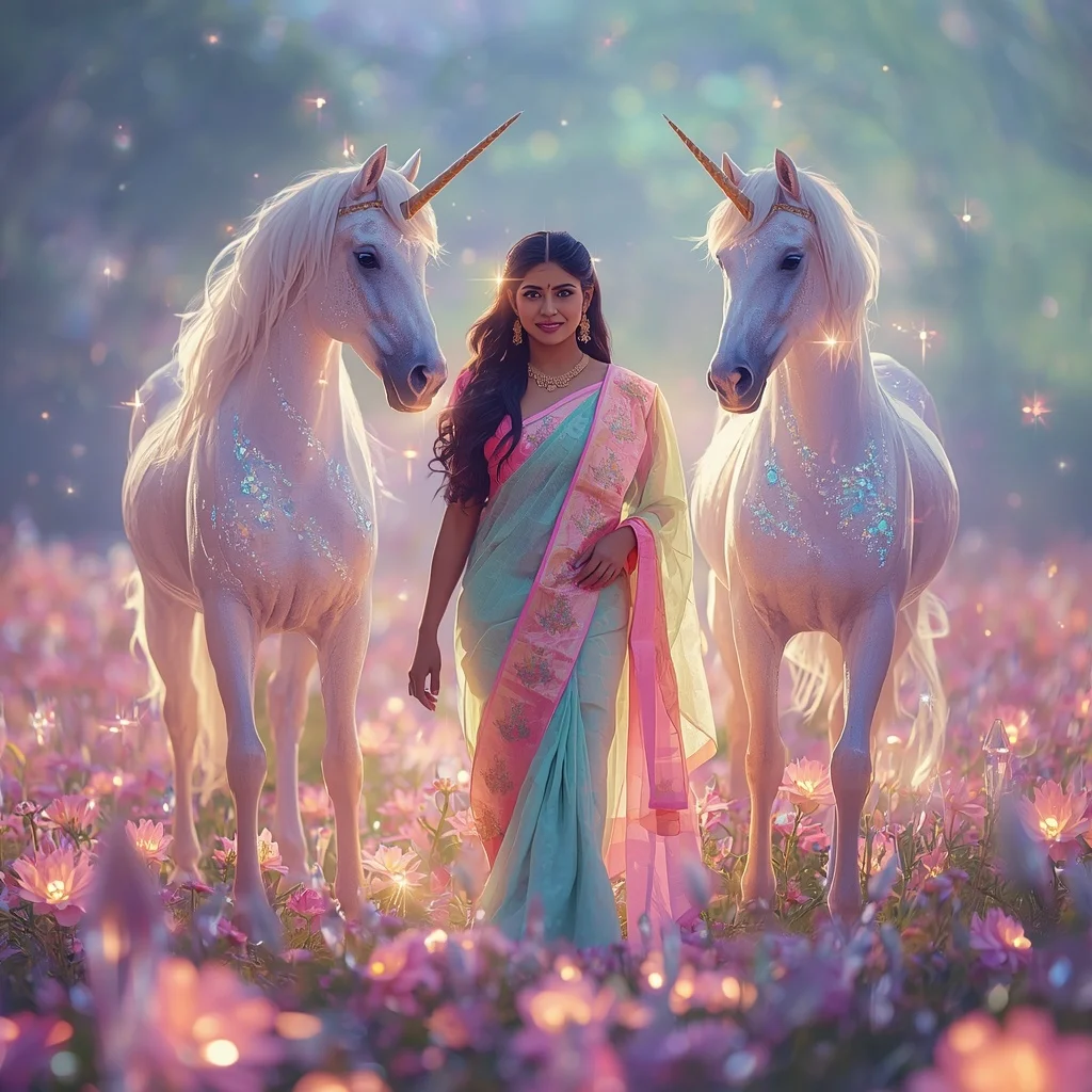 Festive Pastel Saree Prism Unicorn Crystal Garden Collage Premium | Prompt Seen Girl Photo Editing Chatgpt Aesthetic
