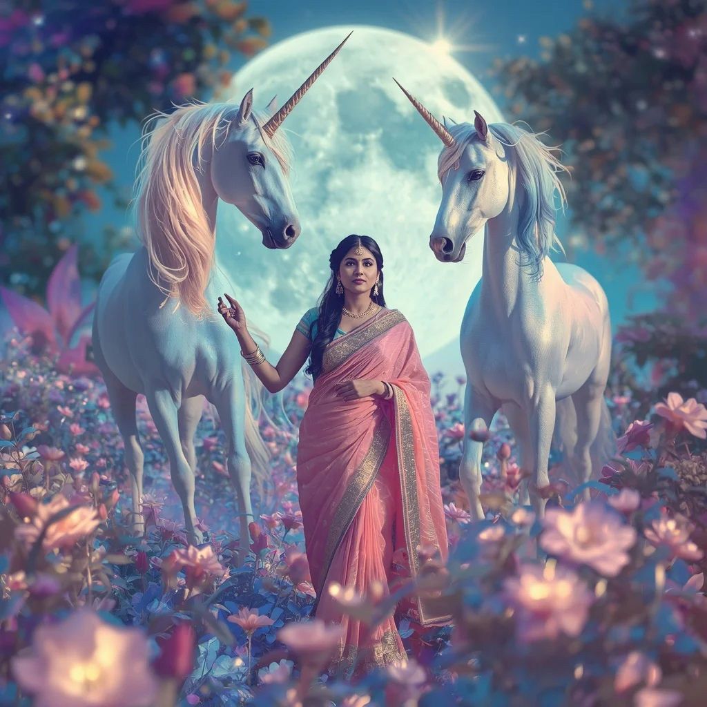 Festive Pastel Saree Prism Unicorn Moonlit Garden Collage Premium | Instagram Prompt For Traditional Look For Girl