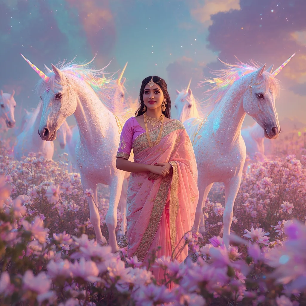 Festive Pastel Saree Prism Unicorn Starlight Empire Collage Premium | Easy Ai Prompt