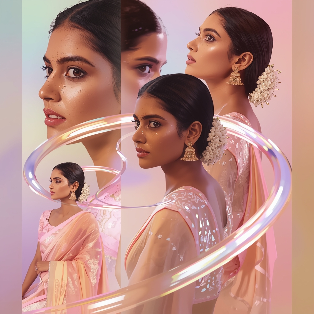 Festive Pastel Saree Reflection Arc Collage | Indian Girl Mirror Motion Aesthetic Soft Cinematic Viral Prompt | Google Prompt