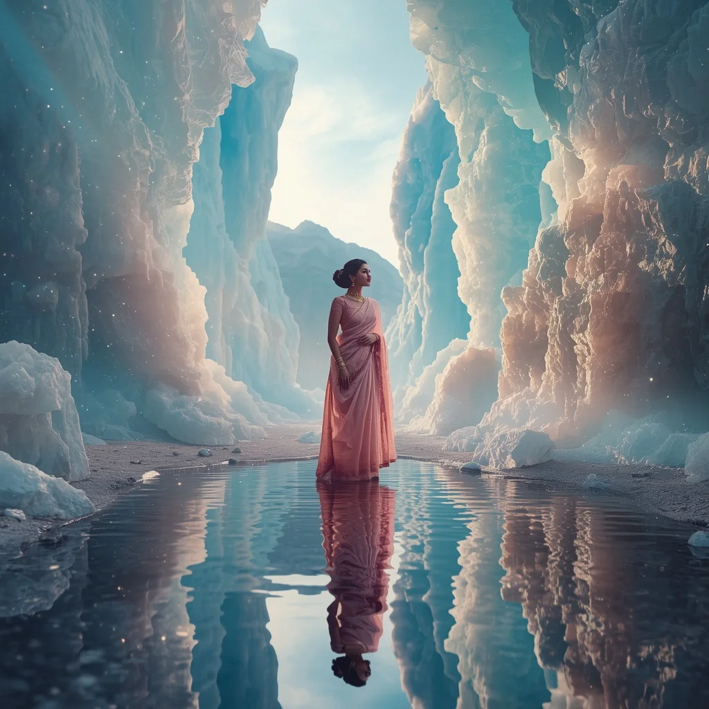 Festive Pastel Saree Reflective Aurora Crystal Fjord Collage Luxury | Instagram Reel Ai Prompt