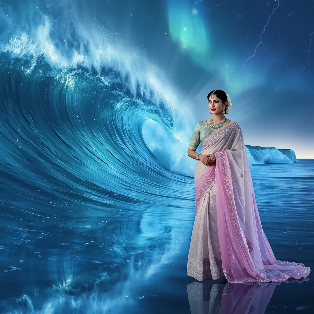 Festive Pastel Saree Reflective Aurora Crystal Sapphire Storm Ocean Collage Luxury | Gemini Ai Prompt Copy Paste