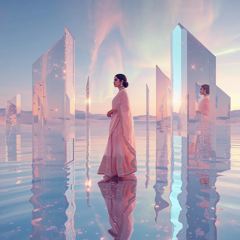 Festive Pastel Saree Reflective Crystal Aurora Desert Collage Luxury | Prompt Seen Girl