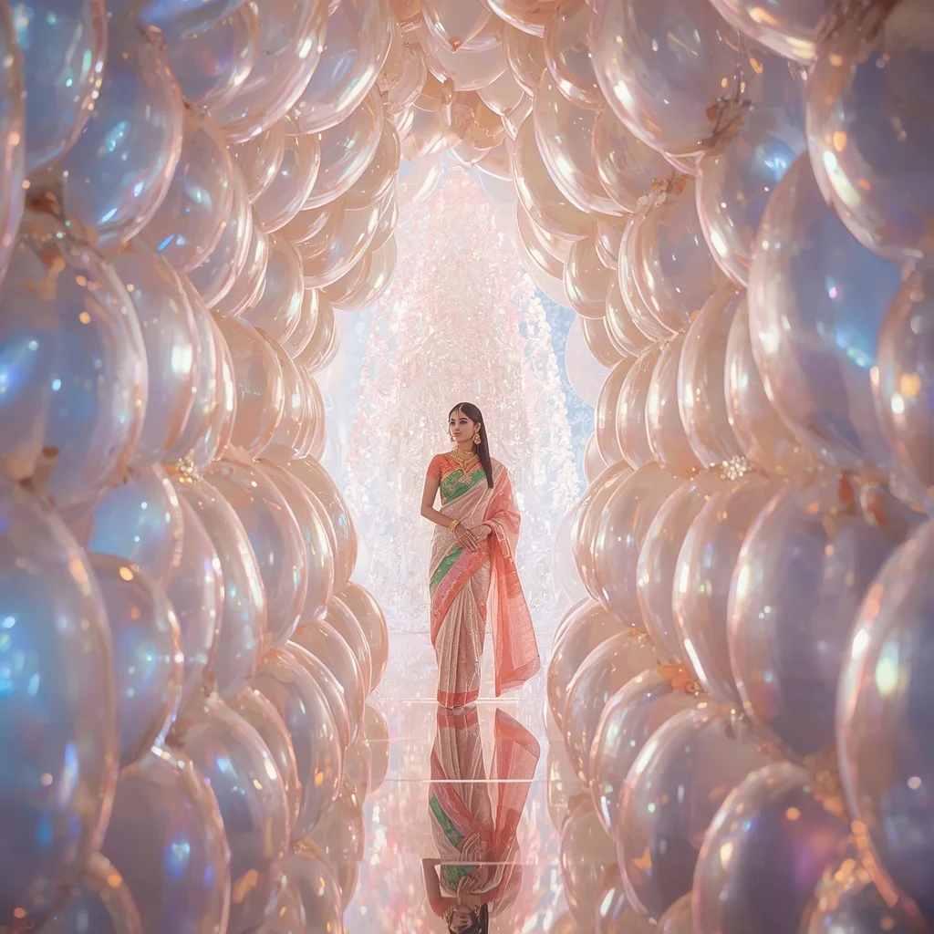 Festive Pastel Saree Reflective Pearl Aurora Cathedral Collage Luxury | Travel Ai Prompt
