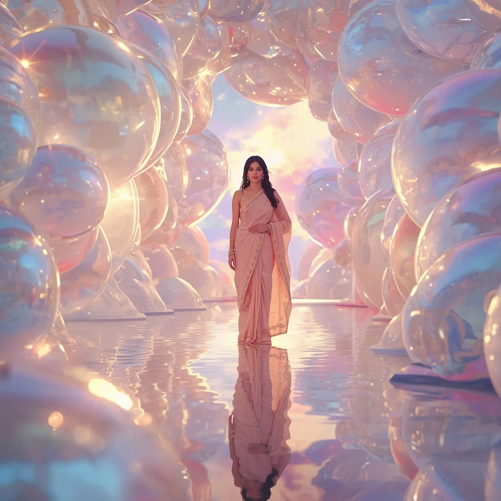 Festive Pastel Saree Reflective Pearl Aurora Harbor Collage Luxury | Cute Girl Ai Prompt