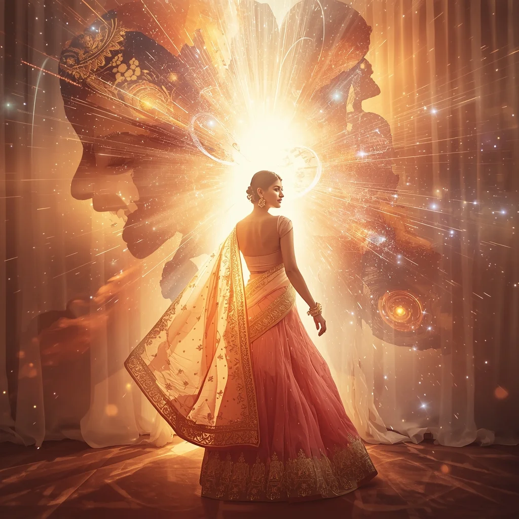 Festive Pastel Saree Regal Cosmic Curtain Galaxy Burst Collage | Regal Symphony Prompt | Prompt Seen Saree Girl