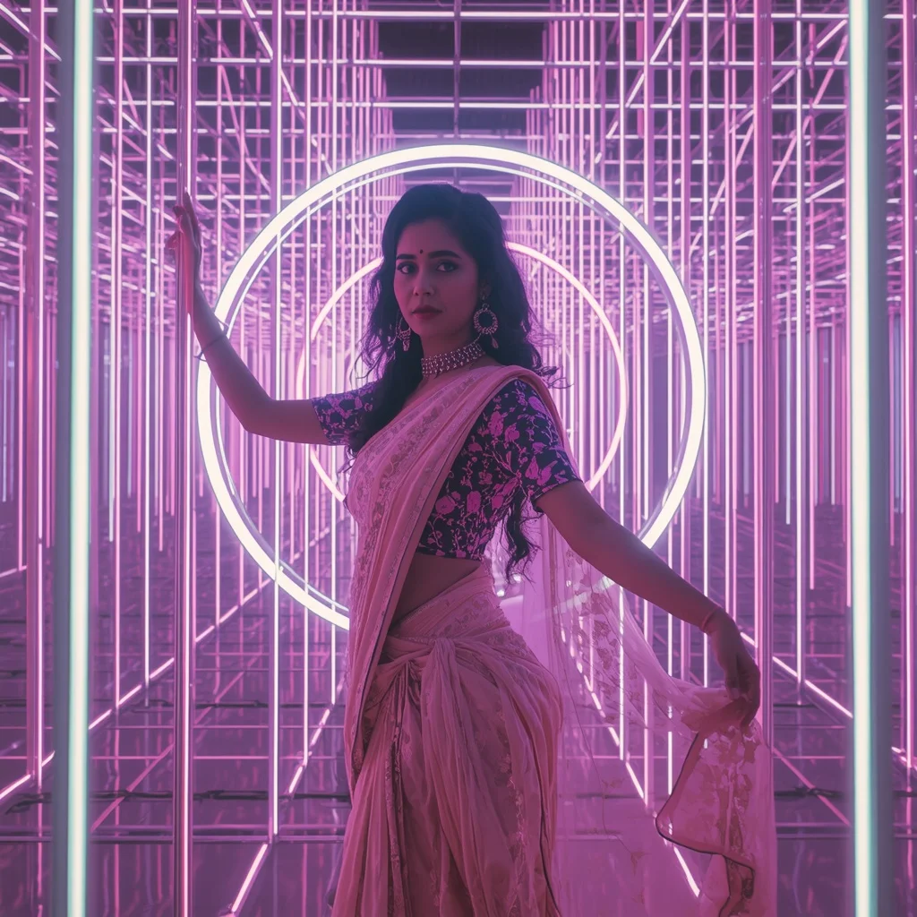 Festive Pastel Saree Retro-Futuristic Cyberpunk Neon Grid Collage | Woman Pose Ai Prompt