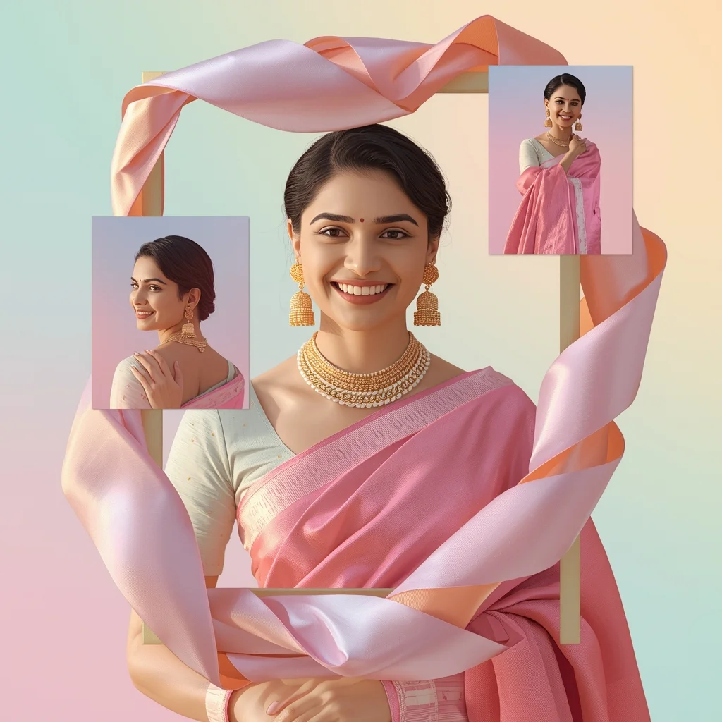 Festive Pastel Saree Ribbon Frame Collage | Indian Girl Soft Wrap Aesthetic Cinematic Ultra Realistic Viral Prompt | Saree Photo Ai Prompt