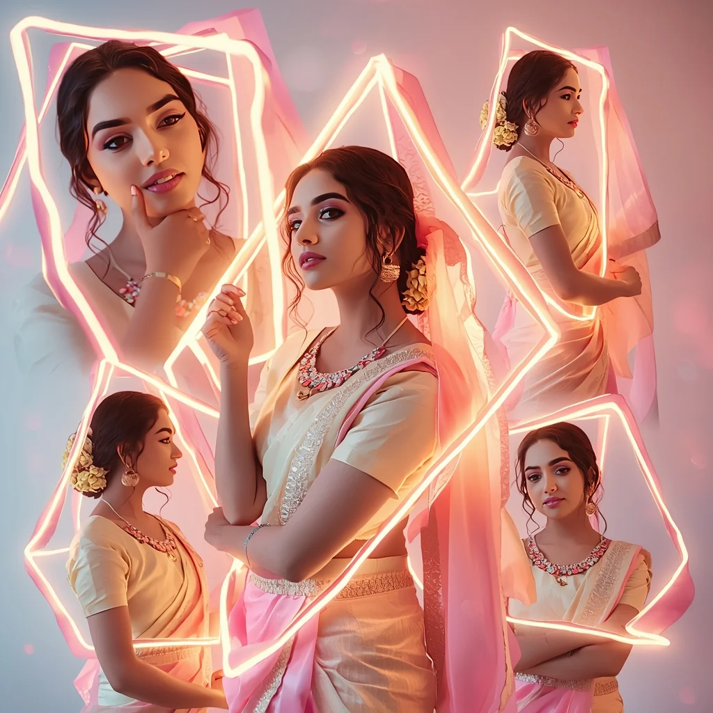 Festive Pastel Saree Ribbon Light Cage Collage | Indian Girl Structured Glow Aesthetic Cinematic Viral Prompt | Indian Saree Ai Prompt