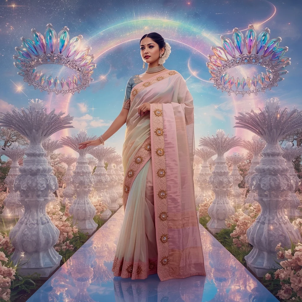 Festive Pastel Saree Royal Crystal Aurora Infinity Crown Garden Collage Ultra Premium Couture | Prompt For Traditional Look For Girl Chatgpt Instagram