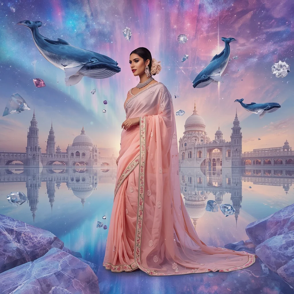 Festive Pastel Saree Royal Crystal Aurora Whale Kingdom Collage Ultra Premium Couture | Ai Prompt For Social Media