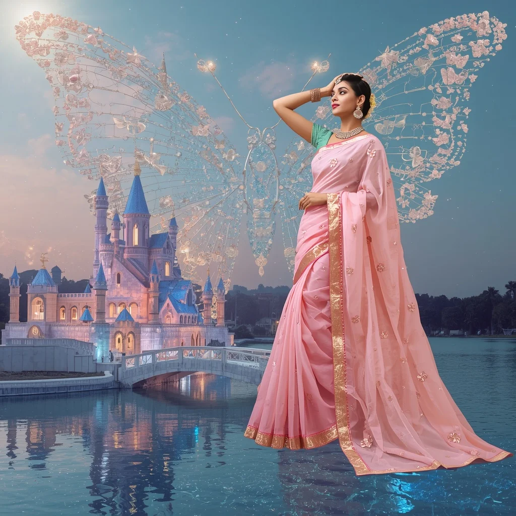Festive Pastel Saree Royal Crystal Sapphire Butterfly Castle Collage Premium Couture | Prompt Image