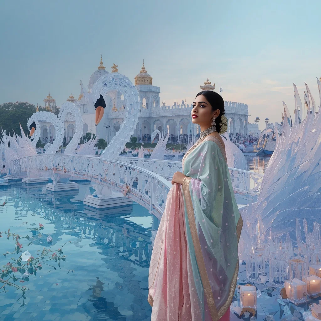 Festive Pastel Saree Royal Crystal Sapphire Swan Palace Collage Premium Couture | Prompt Seen Trending Girl