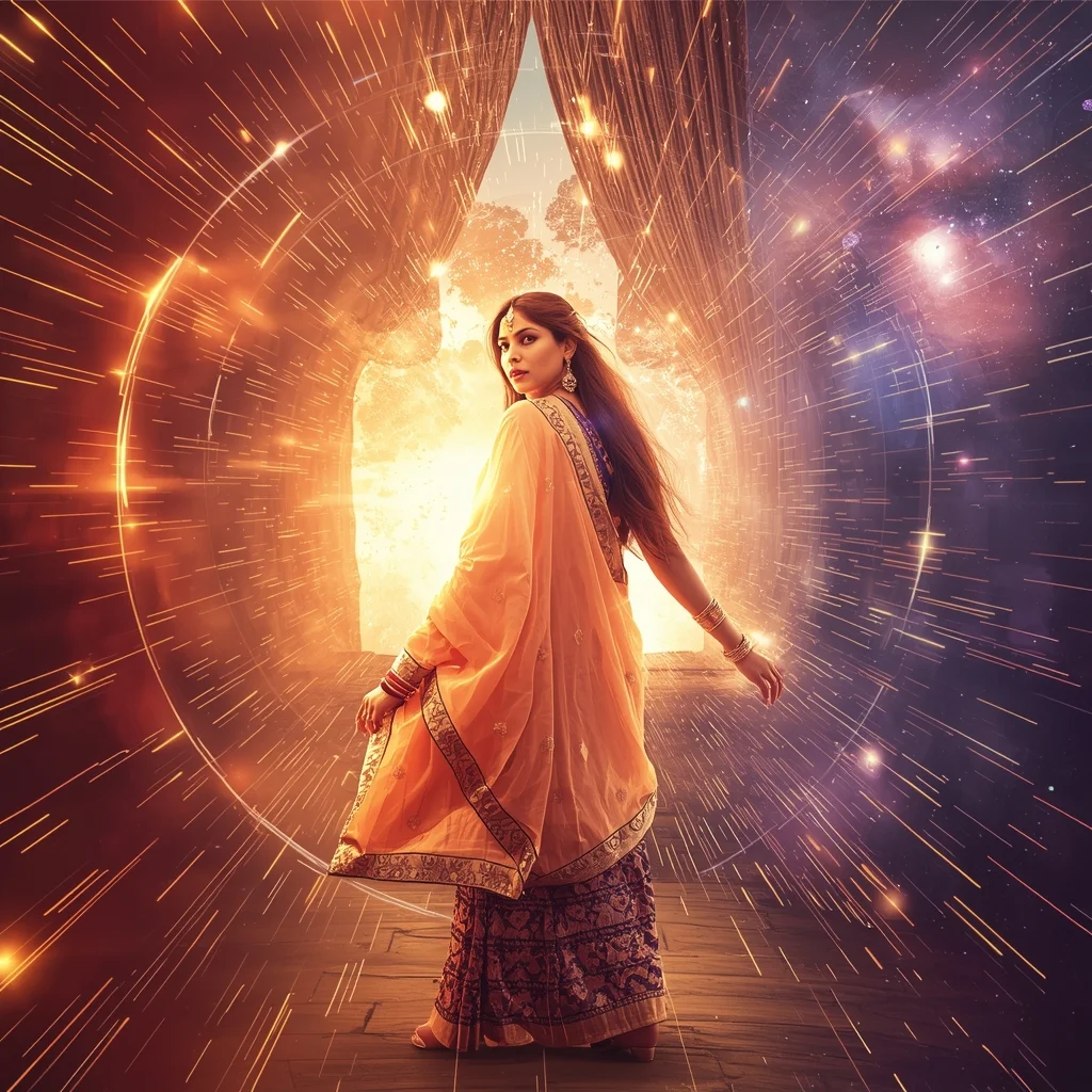 Festive Pastel Saree Royal Magnetic Curtain Cosmic Burst Collage | Grand Epic Prompt | Saree Prompt For Women