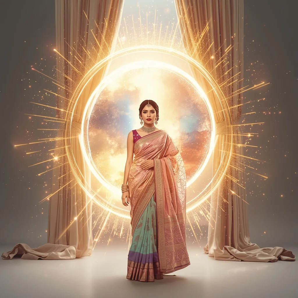 Festive Pastel Saree Royal Magnetic Curtain Cosmic Burst Collage | Grand Epic Prompt | Saree Woman Ai Prompt