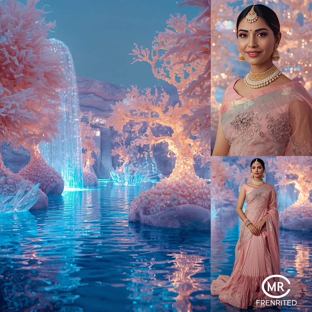 Festive Pastel Saree Royal Pearl Crystal Aurora Lagoon Collage Luxury Couture | Female Model Ai Prompt