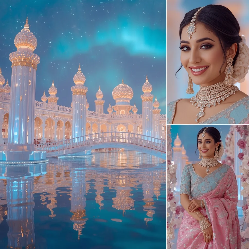 Festive Pastel Saree Royal Pearl Crystal Aurora Lake Palace Collage Luxury Couture | Prompt Seen Girl Photo Editing Chatgpt Aesthetic