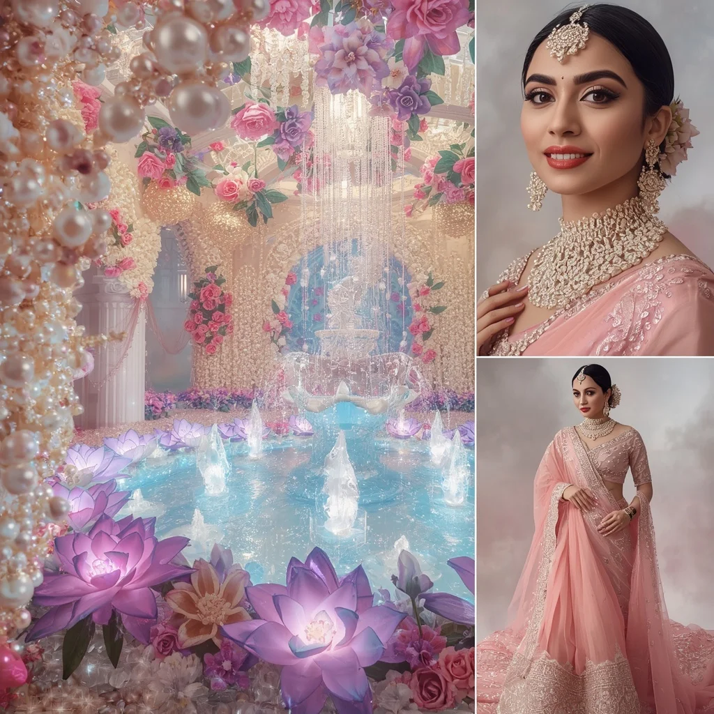 Festive Pastel Saree Royal Pearl Crystal Celestial Garden Collage Luxury Couture | Gemini Photo Prompt
