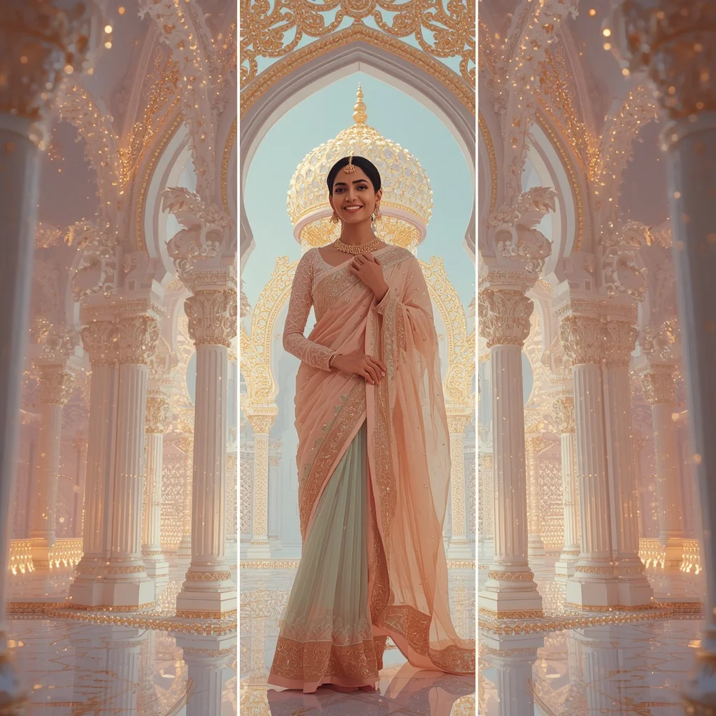 Festive Pastel Saree Royal Pearl Crystal Heaven Palace Collage Luxury Couture | Best Prompt Ai For Girl