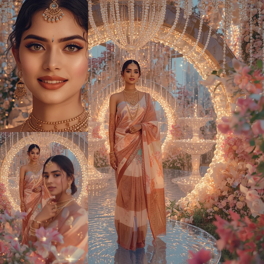 Festive Pastel Saree Royal Pearl Crystal Moon Garden Collage Luxury Couture | Grok Ai Prompt