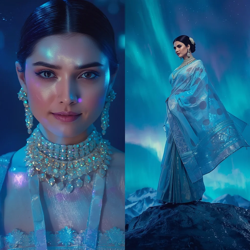 Festive Pastel Saree Sapphire Aurora Crown Glacier Collage | Desi Girl Ai Prompt