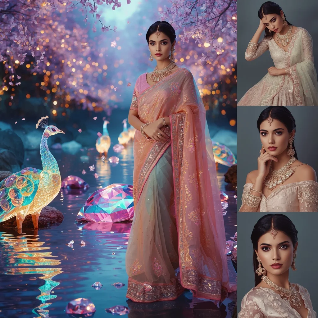 Festive Pastel Saree Sapphire Aurora Peacock River Collage Luxury Fashion | Woman Pose Ai Prompt
