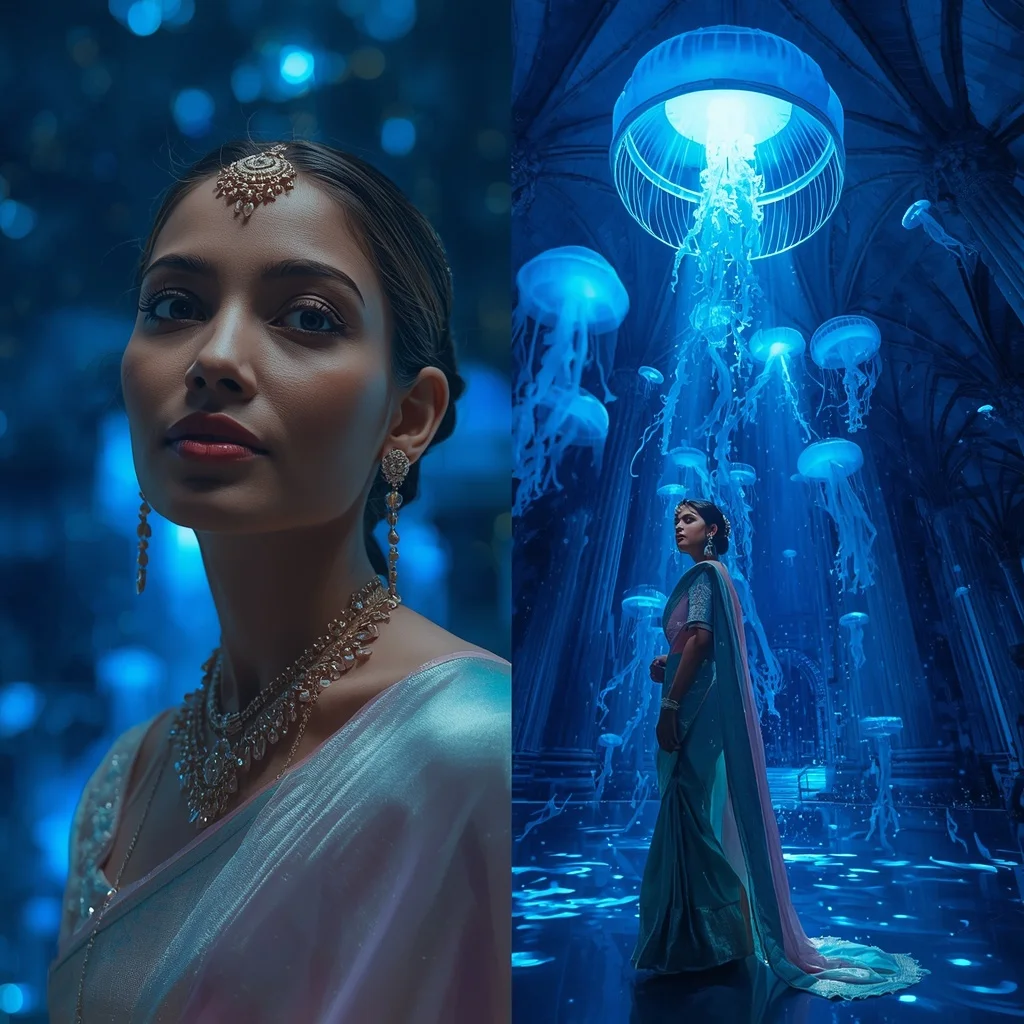 Festive Pastel Saree Sapphire Celestial Jellyfish Cathedral Collage | Wedding Ai Prompt