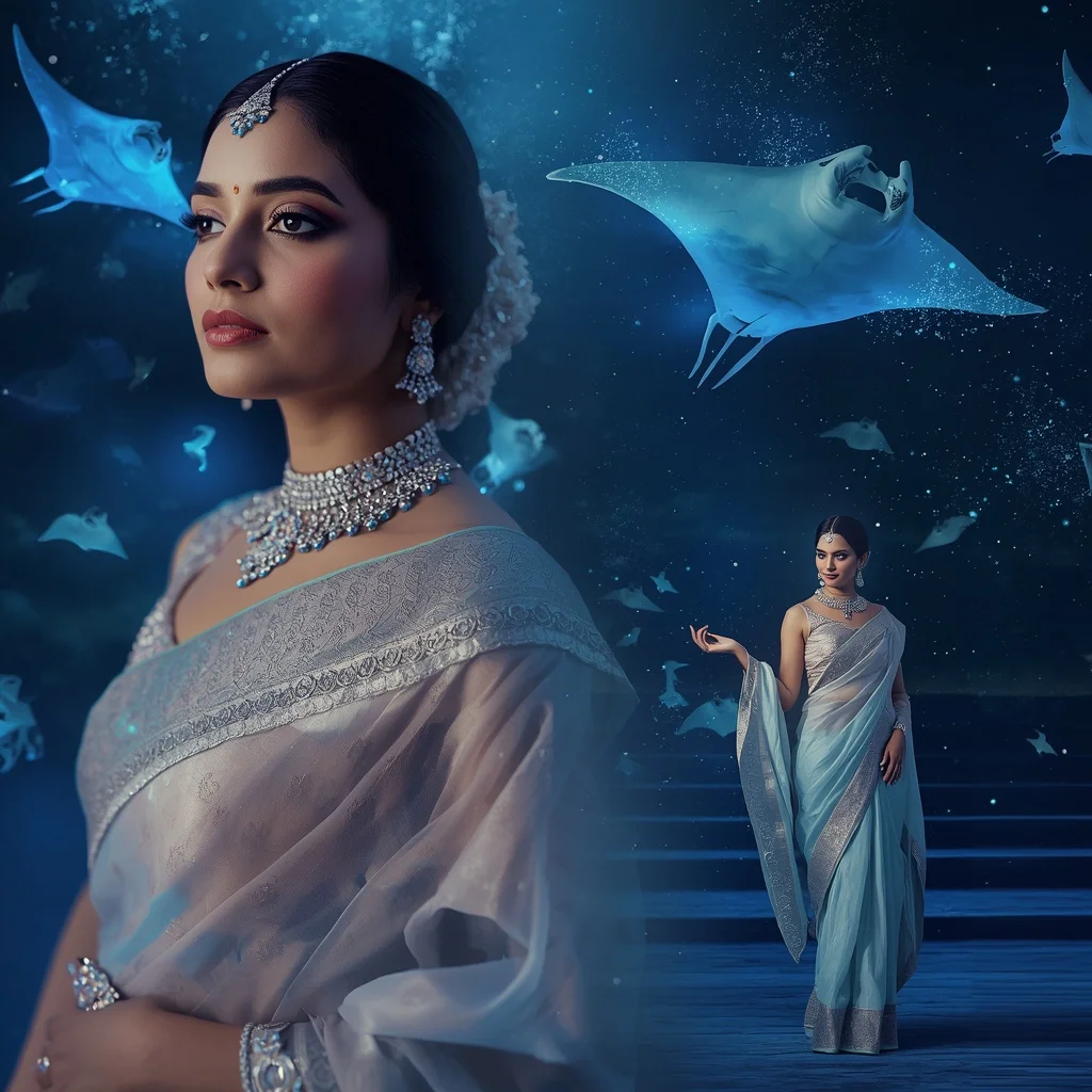 Festive Pastel Saree Sapphire Celestial Manta Ray Kingdom Collage | Instagram Aesthetic Ai Prompt