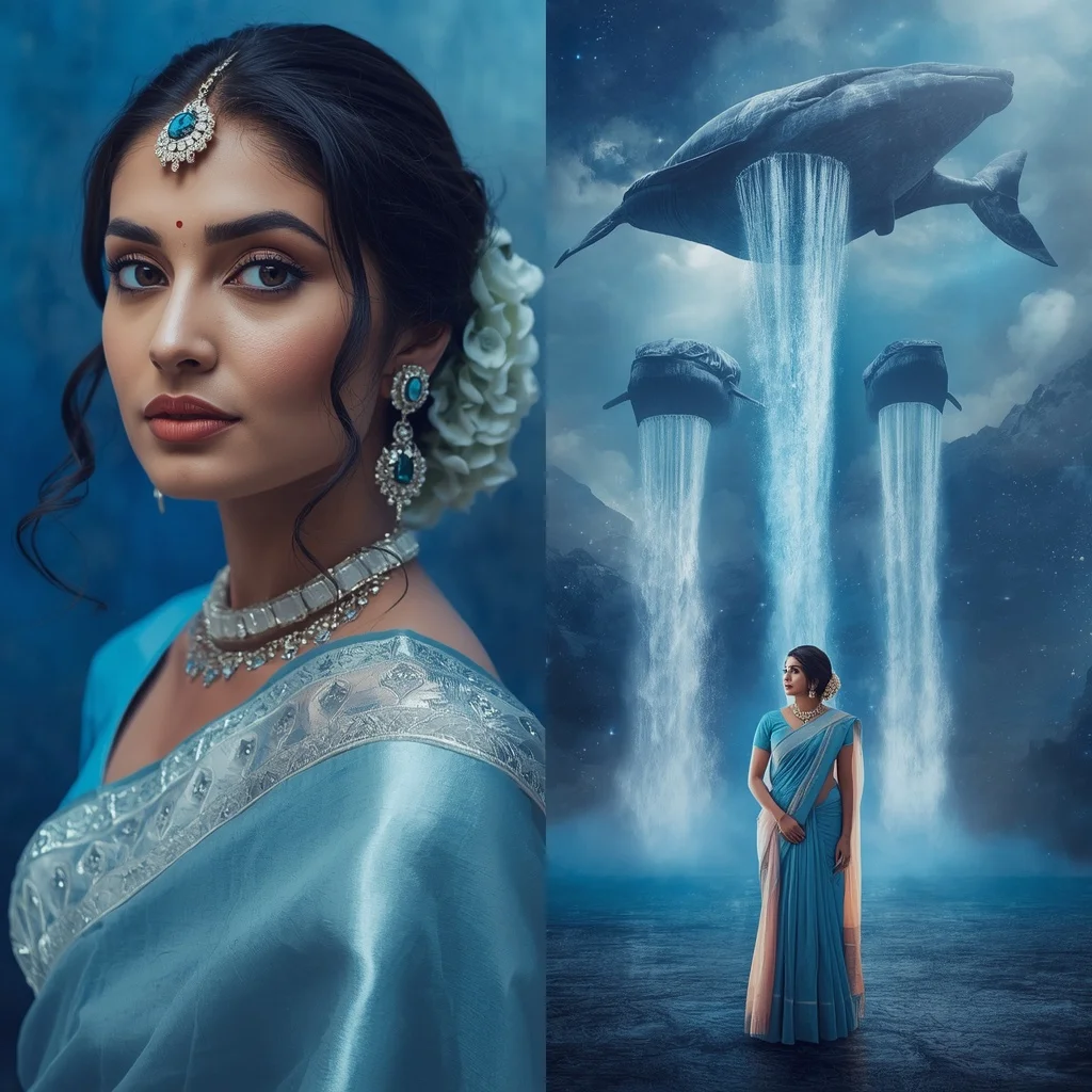 Festive Pastel Saree Sapphire Cosmic Whale Waterfalls Collage | Indian Girl Ai Prompt