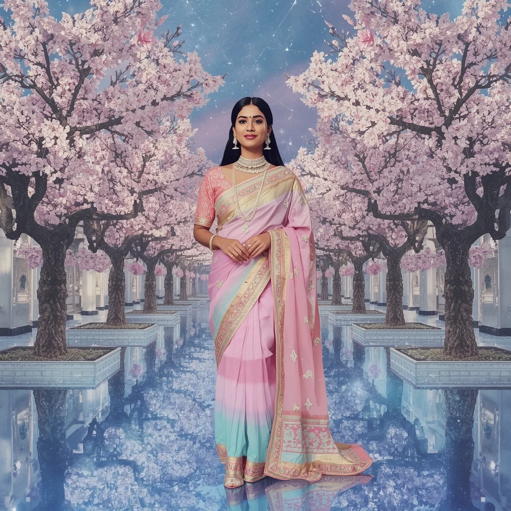 Festive Pastel Saree Sapphire Crystal Cherry Blossom Empire Collage Couture Luxury | Ai Photo Editing Prompt