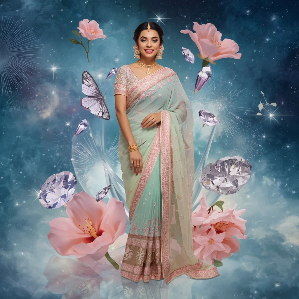 Festive Pastel Saree Sapphire Crystal Jasmine Nebula Empire Collage Couture Luxury | Attitude Ai Prompt