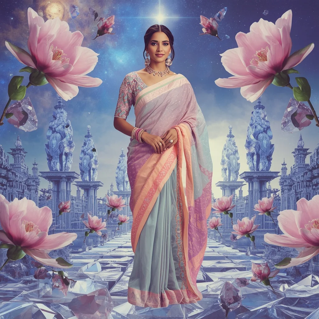 Festive Pastel Saree Sapphire Crystal Magnolia Heaven Empire Collage Couture Luxury | Editing Prompt Girl Aesthetic