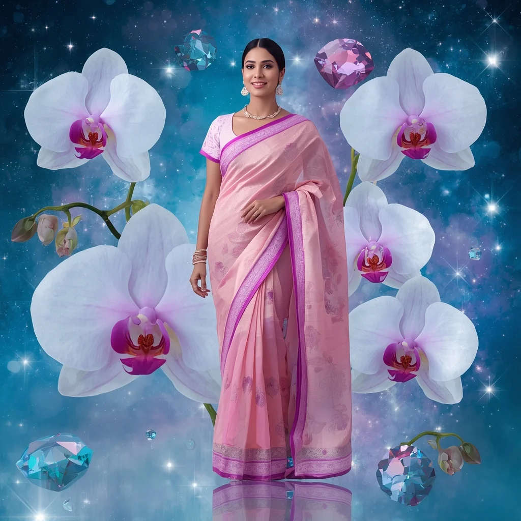 Festive Pastel Saree Sapphire Crystal Orchid Nebula Empire Collage Couture Luxury | New Instagram Trend Prompt For Girl Attitude
