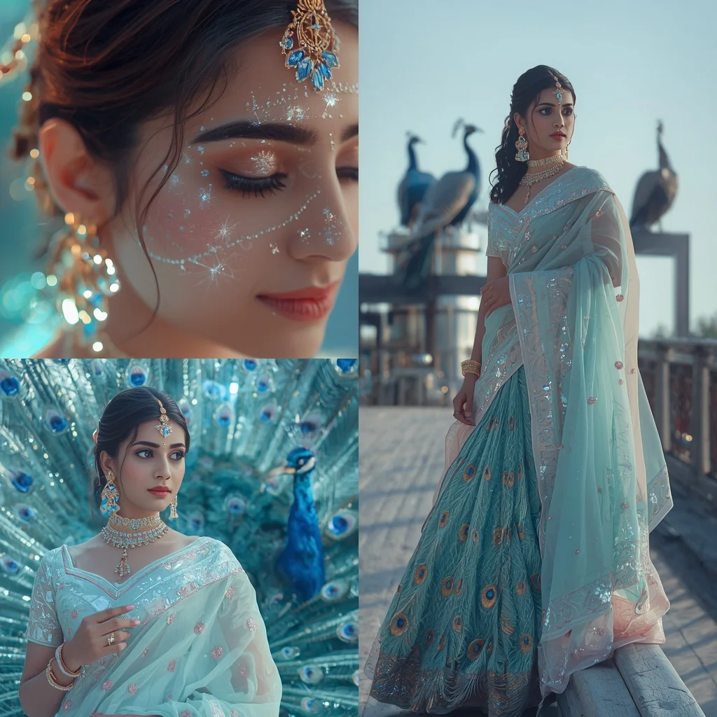 Festive Pastel Saree Sapphire Crystal Peacock Observatory Collage | Ai Photo Editing Prompt