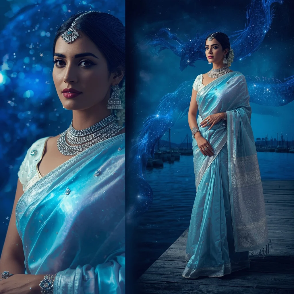 Festive Pastel Saree Sapphire Dragon Constellation Harbor Collage | Gemini Ai Prompt