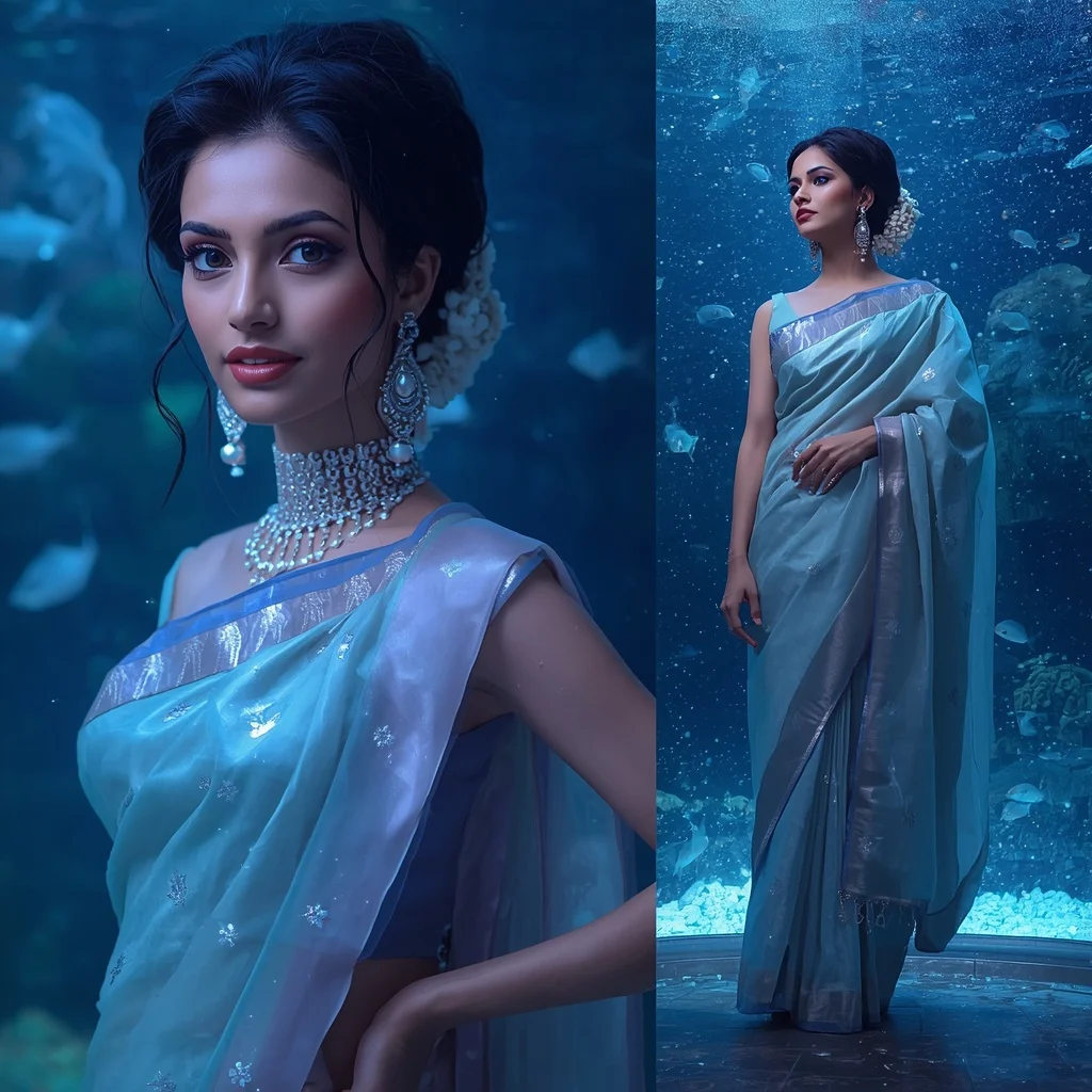 Festive Pastel Saree Sapphire Galaxy Aquarium Collage | Woman Pose Ai Prompt