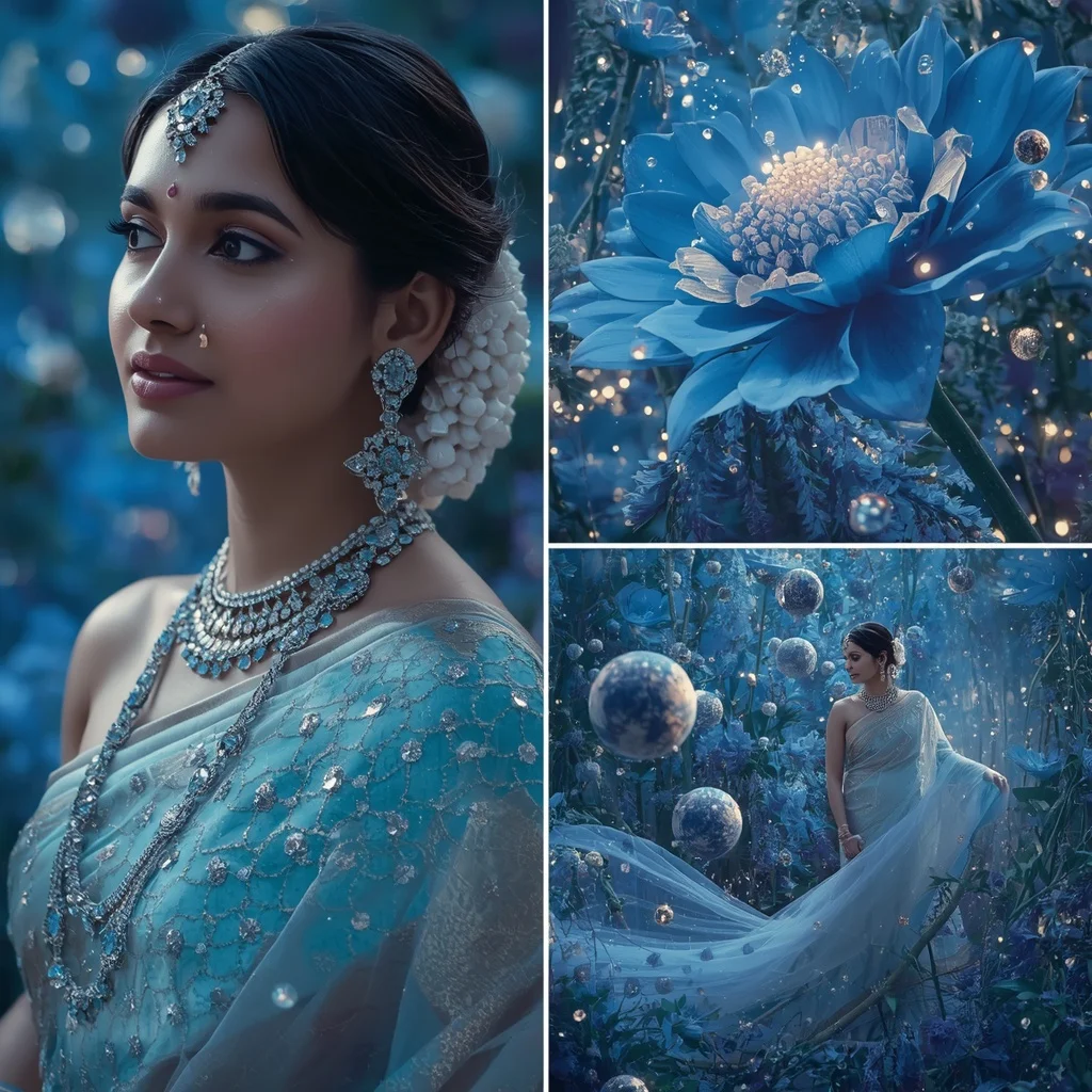 Festive Pastel Saree Sapphire Gravity Bloom Sanctuary Collage | Gemini Ai Prompt For Girl
