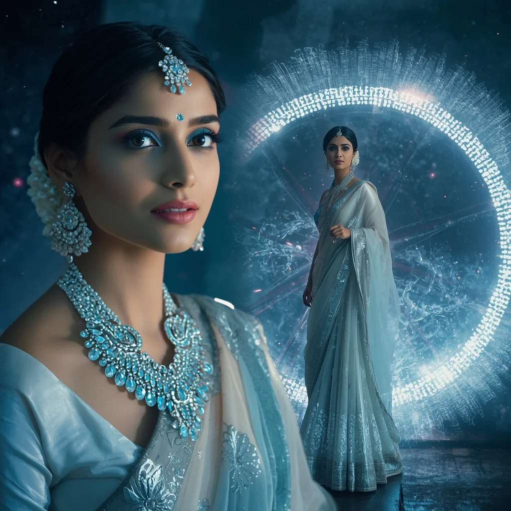 Festive Pastel Saree Sapphire Halo Waterwheel Kingdom Collage | Gemini Ai Prompt For Instagram