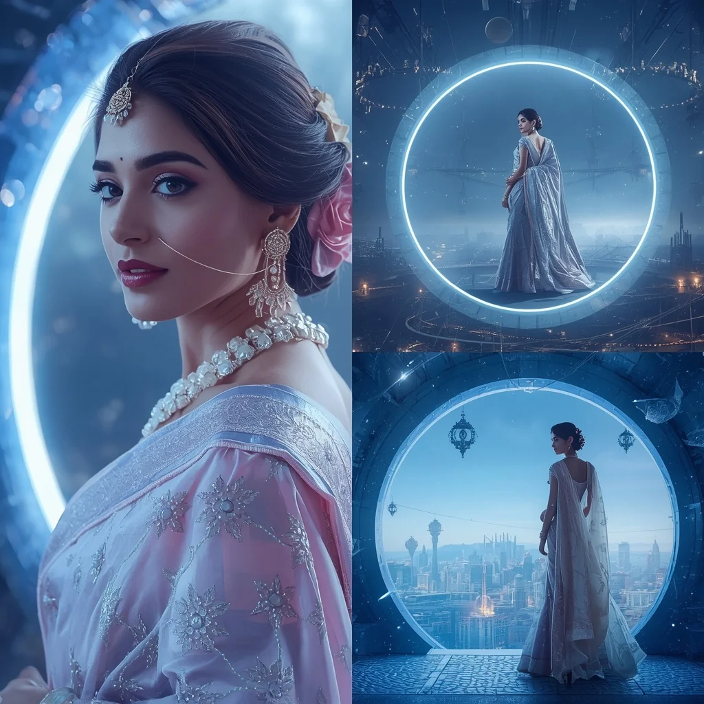 Festive Pastel Saree Sapphire Moon Halo Megacity Collage | Prompt For Gemini AI Girl