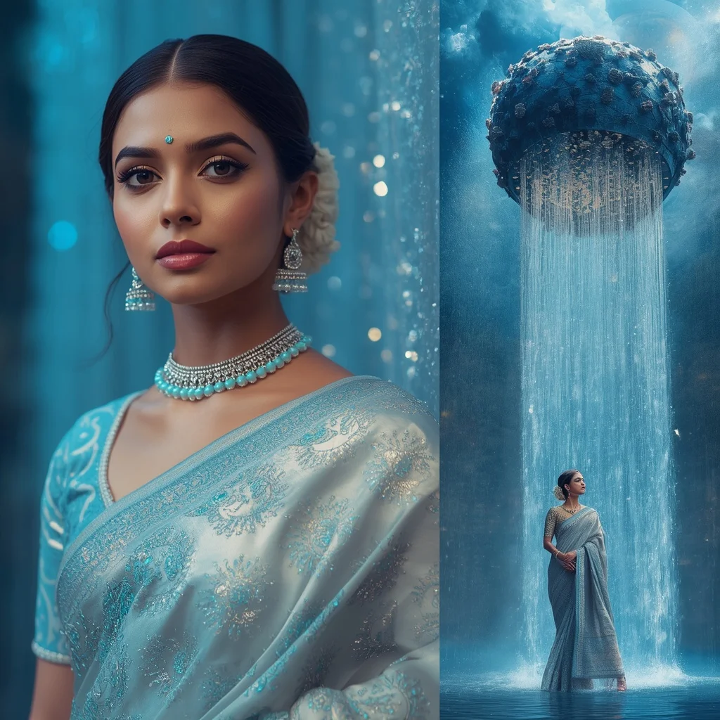 Festive Pastel Saree Sapphire Planet Bloom Waterfalls Collage | Romantic Ai Prompt