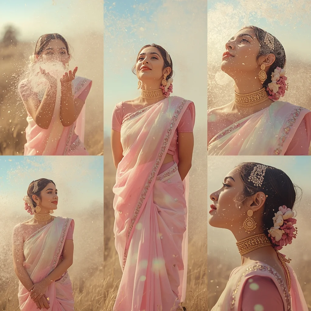 Festive Pastel Saree Shimmering Light Dust Magic Aura | Desi Saree Ai Prompt