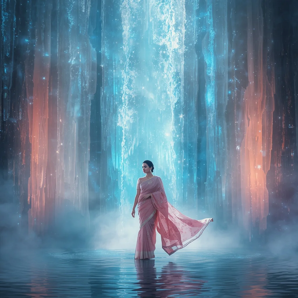 Festive Pastel Saree Silk Aurora Crystal Waterfalls Premium Collage | Hd Image Prompt