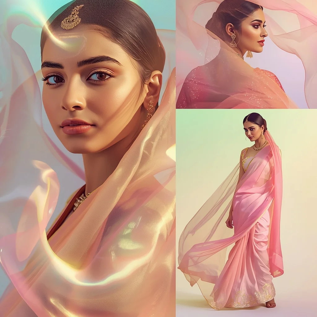Festive Pastel Saree Silk Flow Collage | Indian Girl Soft Fabric Overlay Aesthetic Cinematic Viral Prompt | Beautiful Saree Girl Ai Prompt Cinematic