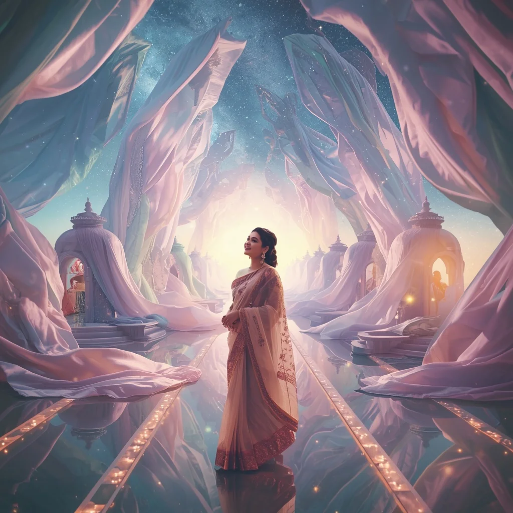 Festive Pastel Saree Silk Galaxy Infinity Temple City Collage Cinematic | Prompt For Gemini AI Girl Style Trending Instagram