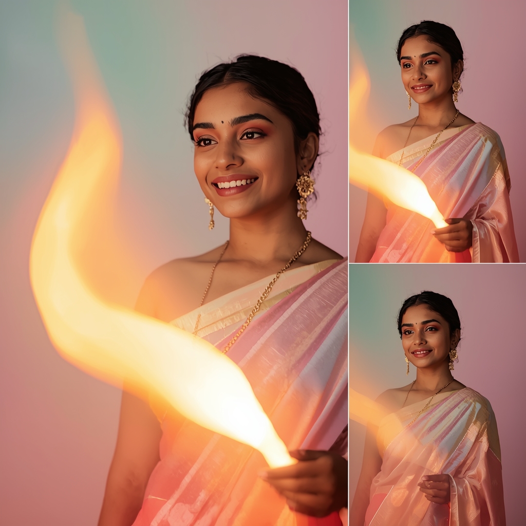 Festive Pastel Saree Soft Flame Glow Collage | Indian Girl Ethereal Fire Aesthetic Soft Cinematic Viral Prompt | Saree Traditional Ai Prompt Indian Culture
