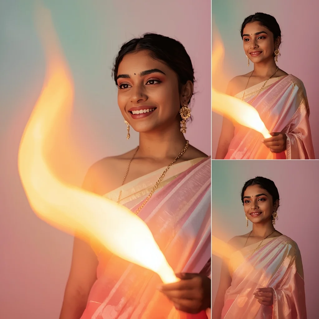 Festive Pastel Saree Soft Flame Glow Collage | Indian Girl Ethereal Fire Aesthetic Soft Cinematic Viral Prompt | Saree Traditional Ai Prompt Indian Culture